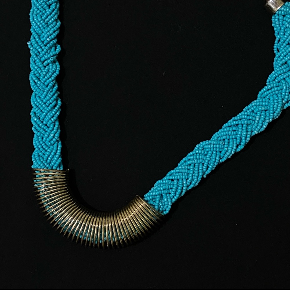 Vintage Boho Silver Tone + Turquoise Spring Blue Beads Rope Braids Bib Necklace - Picture 2 of 4